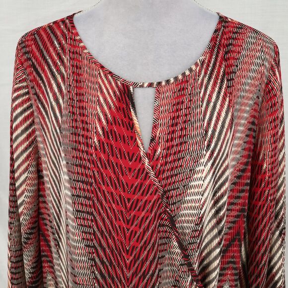 Chicos Top 3 Womens XL 16 Red Beige Faux Wrap Crinkle Bubble Hem Blouse - Picture 7 of 11